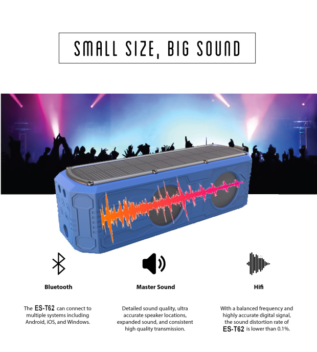 ES-T62 solar bluetooth speaker with 5000mAh battery power bank